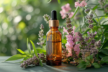 A bottle of essential oil is placed next to an arrangement of flowers. Natural cosmetic background for mock up.