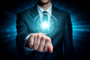 Businessman hand pressing a digital smart button on a screen during a business meeting, actively engaging with a technological device. Generative AI.