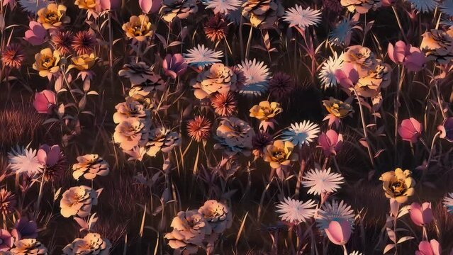 3D animation - Looped animated background of colorful flowers moved by the wind at sunset