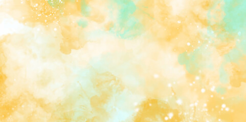 Colorful watercolor background of abstract sunset sky with paint blotches and soft blurred texture. Pastel clouds and sky with heart and bokeh .Concept for product or presentation for girl Love them .