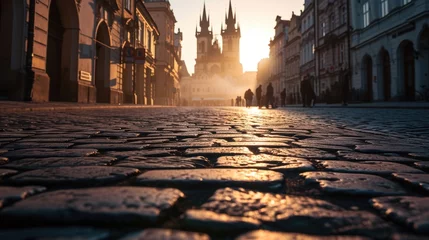 Fotobehang Low angle view of street with historical buildings in Prague city in Czech Republic in Europe. © Joyce