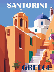 Santorini, Greece Travel Destination Poster in retro style. Digital print with traditional buildings, church on the background. Europe summer vacation, holidays concept. Vintage vector illustration. - obrazy, fototapety, plakaty