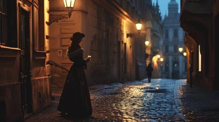 Fotobehang Back view of a lady in street with historic buildings in the city of Prague, Czech Republic in Europe. © Joyce