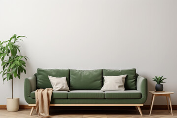 Modern interior with empty white wall with copy space. Green couch and potted plant in living room.
