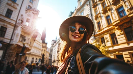 Poster Young traveler taking selfie in street with historic buildings in the city of Prague, Czech Republic in Europe. © Joyce