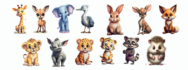Adorable Collection of Twelve Illustrated Baby Animals Showcasing Distinct Characteristics, Vector