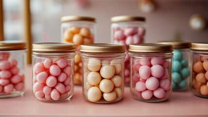 Artisan handmade luxury sweets displayed in jars on counter in candy shop