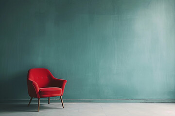 Retro orange chair in the corner of a room. Empty teal wall with copyspace. Minimalist interior.