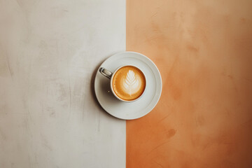 A cup of coffee sits on top of a saucer. Contrast textured terracotta and beige background.
