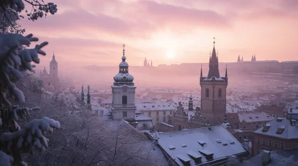 Poster Beautiful historical buildings in winter with snow and fog in Prague city in Czech Republic in Europe. © Joyce
