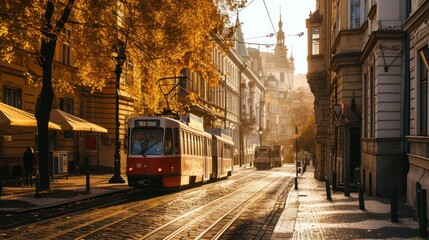 A tram in Autumn in the street of Prague with beautiful foliage. Czech Republic in Europe. - obrazy, fototapety, plakaty