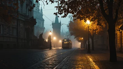 Deurstickers A tram in the street of Prague. Czech Republic in Europe. © Joyce