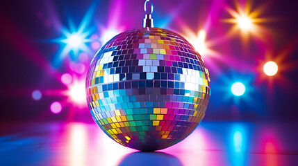 Obraz premium Disco ball illustration, disco ball with rainbow colored light reflections