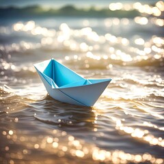 Origami turquoise paper boat floating on sunlit water