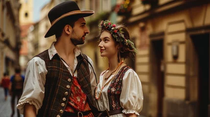 Tuinposter A lovely young couple in traditional Czech clothing in street with historic buildings in the city of Prague, Czech Republic in Europe. © Joyce