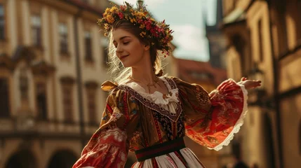 Deurstickers A beautiful girl in traditional Czech clothing in street with historic buildings in the city of Prague, Czech Republic in Europe. © Joyce