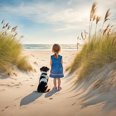 Little girl with her dog on a beach looking at the ocean