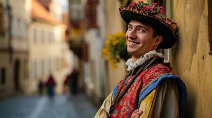Keuken spatwand met foto A handsome young man in traditional Czech clothing in street with historic buildings in the city of Prague, Czech Republic in Europe. © Joyce
