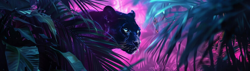 Stealth predator in a neon jungle eyes watching - obrazy, fototapety, plakaty