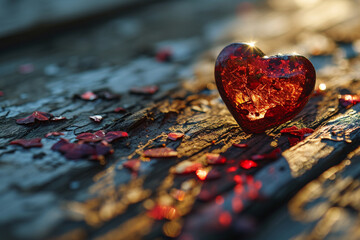 Red heart on wood with light on background