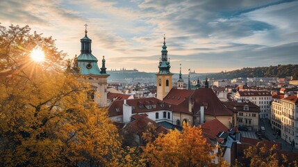 Autumn foliage with beautiful historical buildings of Prague city in Czech Republic in Europe.