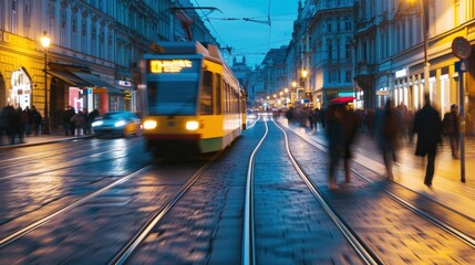 A tram in the street of Prague. Czech Republic in Europe. - obrazy, fototapety, plakaty