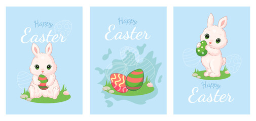 Flat illustration of a cute Easter bunny with Easter eggs.A4 Easter congratulations cards.