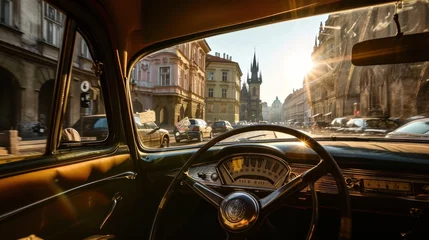 Papier Peint photo Lavable Voitures anciennes Street view from a vintage car with Historic buildings in the city of Prague, Czech Republic in Europe.