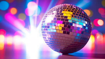 Disco ball illustration, disco ball with rainbow colored light reflections - obrazy, fototapety, plakaty