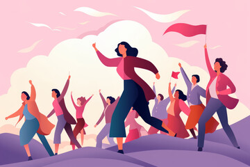 Fototapeta na wymiar International women's day card. Active women with their hands in the air. Feminist movement for independence, freedom and woman rights, flat illustration. 