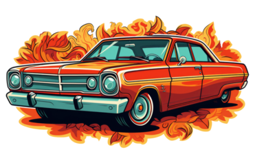Vibrant illustration of a classic car with fiery flames on a transparent background