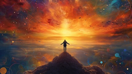 Fototapeta premium Figure Standing on Cliff at Sunset
