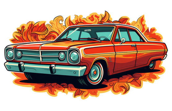 Vibrant illustration of a classic car with fiery flames on a transparent background
