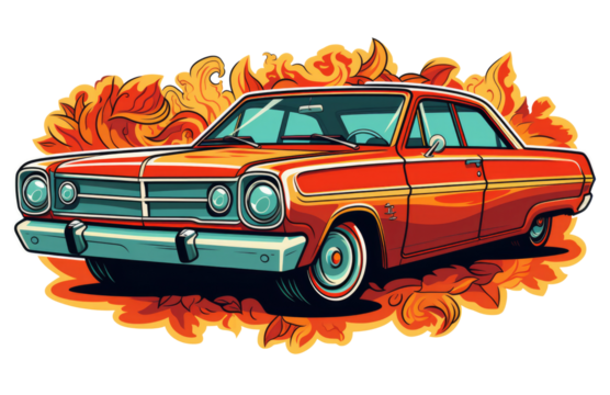 Vibrant illustration of a classic car with fiery flames on a transparent background