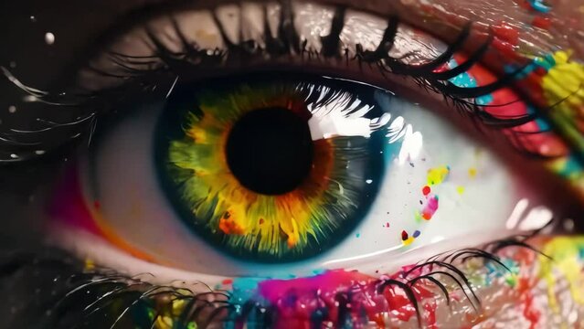 Human eye close up with colorful paint, ink splashes and drips. Generative AI