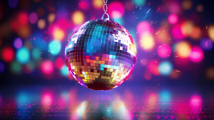 Obraz premium Disco ball illustration, disco ball with rainbow colored light reflections