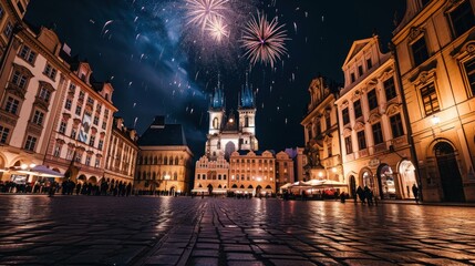 Fototapeta na wymiar Fireworks show with beautiful historical buildings of Prague city in Czech Republic in Europe.