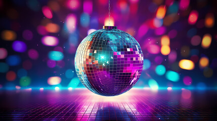 Disco ball illustration, disco ball with rainbow colored light reflections