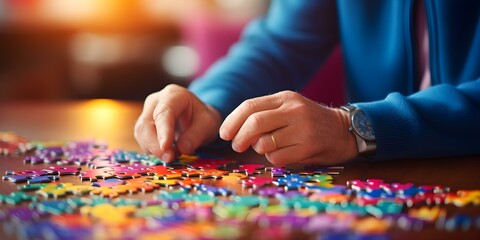 Embracing the Joy of Completing a Colorful Jigsaw Puzzle. Concept Jigsaw Puzzle, Colorful Pastime, Celebratory Moment, Fun Challenge, Sense of Achievement