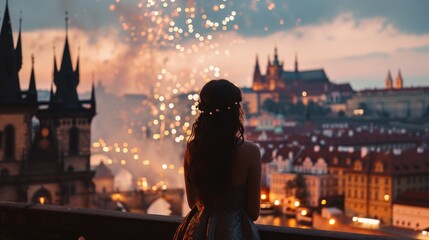 Fototapeta na wymiar A graceful lady standing watching fireworks show with a view of historic buildings in the city of Prague, Czech Republic in Europe.