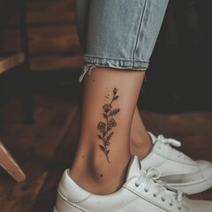 Tattoo am Fußknöchel einer Frau, sie trägt weiße Sneaker und eine Jeanshose  - obrazy, fototapety, plakaty