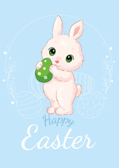 Flat illustration of a cute Easter bunny with Easter eggs.A4 Easter congratulations cards.