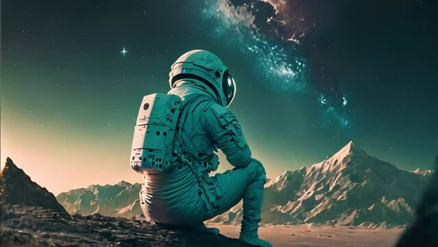 astronaut sitting at a canyon on another planet. constellations and nebulae of an alien galaxy can be seen in the sky. Generative AI