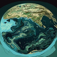 earth with ocean water and rivers, in the style of mid-century illustration, dark, foreboding colors