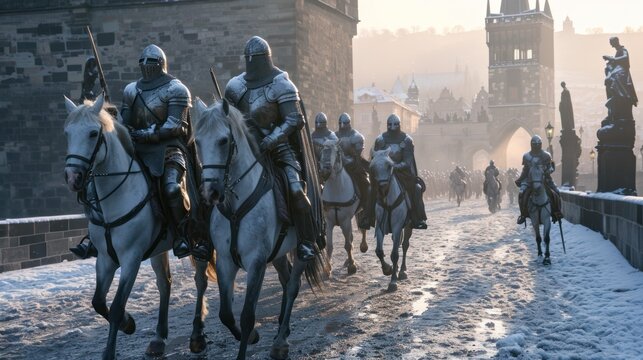 A team of medieval cavalry in armor on horseback marching in Prague city in Czech Republic in Europe.
