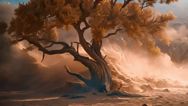 a tree in the desert, a cave storm lifts the sand. Generative AI