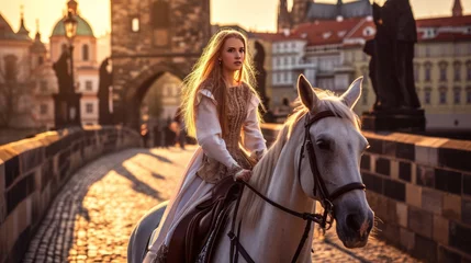 Poster Lifestyle portrait of a beautiful Medieval lady on horseback in Prague city in Czech Republic in Europe. © Joyce