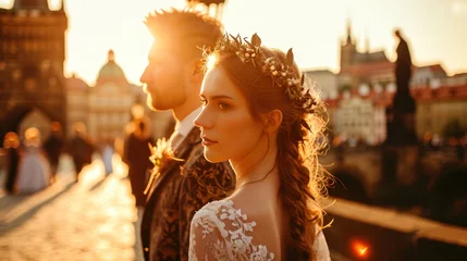 Foto op Aluminium Lifestyle portrait of Medieval young couple showing love at sunrise in Prague city in Czech Republic in Europe. © Joyce