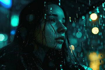 Obraz na płótnie Canvas beauty girl in the rain, in the style of realistic and hyper-detailed renderings, dreamlike photography