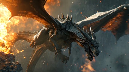 Powerful dragon flying in sky with clouds and fire flame.